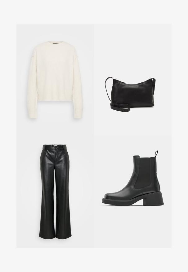 Suéter de punto blanco con cuello redondo y silueta relajada. Presenta puños y dobladillo acanalados, hecho de un material texturizado suave.; ONLY Tall ONLSMOOTH WIDE - Pantalones - black; Botas de cuero negro hasta el tobillo con paneles laterales elásticos, punta redondeada y un tacón grueso. Textura suave con un diseño minimalista.; Bolso de hombro de cuero negro con una textura suave, forma curvada, correa ajustable y cierre con cremallera. Diseño minimalista sin adornos.