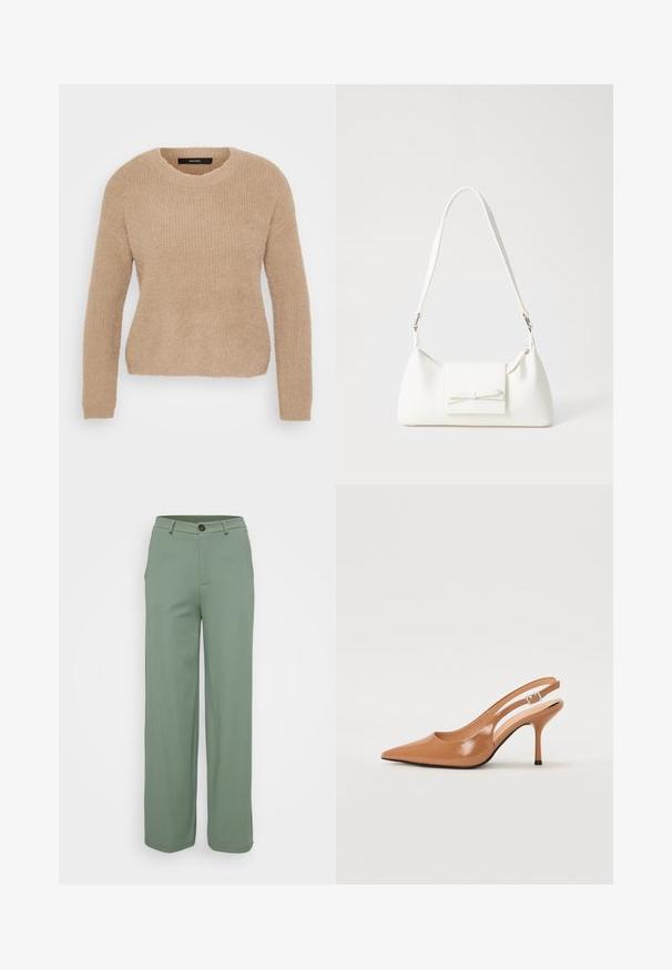 Beige kötött pulóver hosszú ujjakkal, kerek nyakkivágással és puha, textúrált anyaggal. Lazább fazonú és bordázott kialakítású.; Széles lábú nadrág világoszöld színű anyagból, sima textúrával. Elöl gombos záródással és két oldalzsebbel rendelkezik.; Fingerszűk, hegyes orrú, háttámlás sarokcipő sima, fényes barnás anyagból. Íves kivágású dizájn és karcsú stiletto sarkú. Ezüst csattal ellátva.; Fehér szintetikus kézitáska, háromszög alakú, lapos előlap, masni részlettel, állítható pánttal, sima textúrával és minimalista dizájnnal.