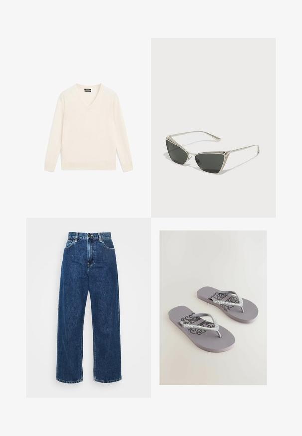 Creme v-hals sweater lavet af blødt stof, med lange ærmer, ribbede manchetter og kant, samt en afslappet pasform. Minimalistisk design uden mønstre.; Lysblå denim brede ben jeans med høj talje, synlig syning og standard lommer. Har en knap- og lynlåslukning.; Grå flip-flops med en tekstureret fodseng, der har et dekorativt sort mønster og glitrende rhinestone-prydede stropper i V-form.; Sølv trekantede solbriller med mørke linser. Stellet har et tekstureret design og små udsmykninger i hjørnerne. Slankt metalstruktur.; Silke tørklæde med blomsterdesign i brune og beige nuancer på en mørk baggrund, med en geometrisk stribet kant i lignende farver.; Brun ruskind totebag med rund form, dobbelte håndtag og metalhardware detaljer. Har et lille logo foran.