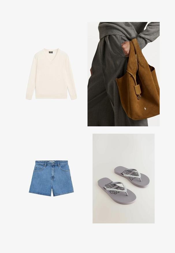 Crème v-hals trui van zacht materiaal, met lange mouwen, geribde manchetten en zoom, en een relaxte pasvorm. Minimalistisch ontwerp zonder patronen.; Lichtblauwe denim shorts met een hoge taille, vijf zakken en een knoopsluiting. Rechte snit met een schone zoom.; Grijze flip-flops met een gestructureerde voetbed, voorzien van een decoratief zwart patroon en sprankelende ritsen met rhinestones in een V-vorm ontwerp.; Bruine suède tote bag met een ronde vorm, dubbele handvatten en een metalen hardware accent. Heeft een klein logo aan de voorkant.