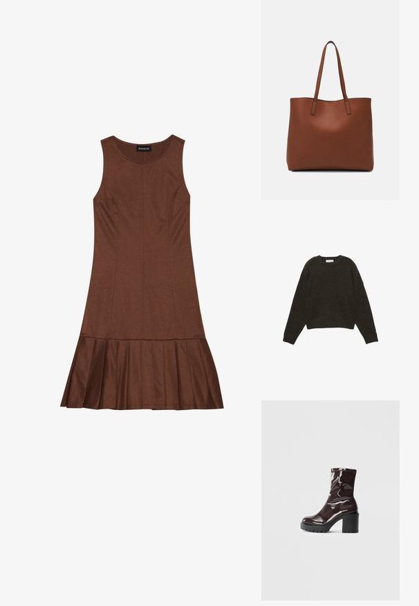 Tmavohnedý sveter vyrobený z mäkkého materiálu, s okrúhlym výstrihom, dlhými rukávmi a voľným strihom s rebrovanými manžetami a lemom.; Hnedé bezrukávové šaty s priliehavým vrchom a rozšíreným skladaným spodkom, vyrobené z hladkého materiálu s viditeľnými švami.; Lesklé burgundské kotníkové boty s robustním černým podpatkem, s hladkou strukturou a jednoduchým designem. Bez viditelných zapínání nebo vzorů.; Hnedá kožená taška na rameno s hladkou textúrou, otvoreným vrchom a dvoma ramenými popruhmi. Má minimálne šitia a žiadne viditeľné kovania.