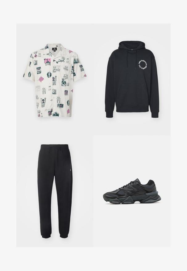 Črna kapuca s sprednjim kenguru žepom, kapuco na vrvico in belih krogih logotipom, ki vsebuje besedilo "new balance" in "athletics inc."; Kratka majica s kratkimi rokavi v svetlo bež barvi z večbarvnimi grafičnimi tiskanji, ki prikazujejo različne ikone, vzorce in dizajne; sproščen kroj in ovratnik na gumb.; Črne trenirke iz mehkega materiala z elastičnim pasom, vrvico in zoženimi manšetami, ki vsebujejo subtilen logotip na strani.; Črne tekaške superge, ki združujejo mrežaste in sintetične materiale, imajo debel podplat, ukrivljen oblikovni slog ter izrazito blagovno znamko na strani.