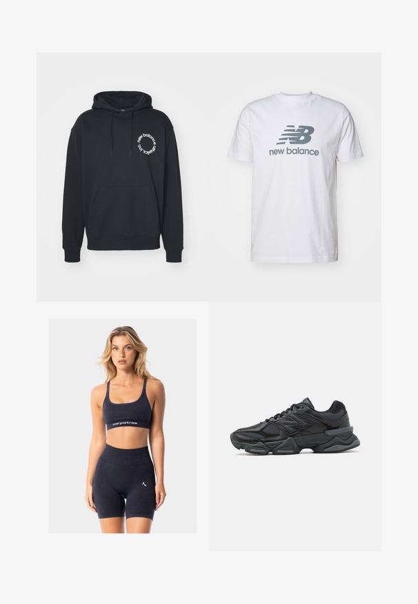 Felpa nera con cappuccio a felpa, tasca a marsupio frontale, cappuccio regolabile con cordino e logo circolare bianco con il testo "new balance" e "athletics inc."; T-shirt bianco in cotone con logo grigio "NB" e testo "new balance", maniche corte, design classico con collo rotondo, texture liscia.; Crop top sportivo nero con spalline regolabili e una fascia con logo. Abbinato a pantaloni corti a vita alta con un piccolo logo decorativo.; Scarpa da corsa nera con una combinazione di materiali in rete e sintetici, suola spessa, design curvo e marchio ben visibile sul lato.