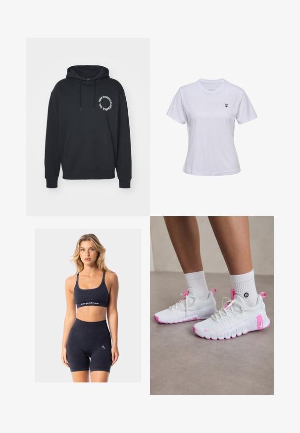 Svart huva med en framficka i kängurustil, snörning på huvan och en vit cirkulär logotyp med texten "new balance" och "athletics inc."; Vit t-shirt med kort ärm, gjord av mjukt tyg, med rund halsringning och en liten svart chevron-logotyp på vänster bröst.; Svart atletisk crop top med justerbara remmar och en logoband. Matchas med högmidjade shorts i samma stil som har en liten logodetalj.; Vitaidina sportskor i vitt med rosa accenter, strömlinjeformad design, strukturerad nätovandel och en flexibel gummisula. Innehåller logotyp och dragflik.