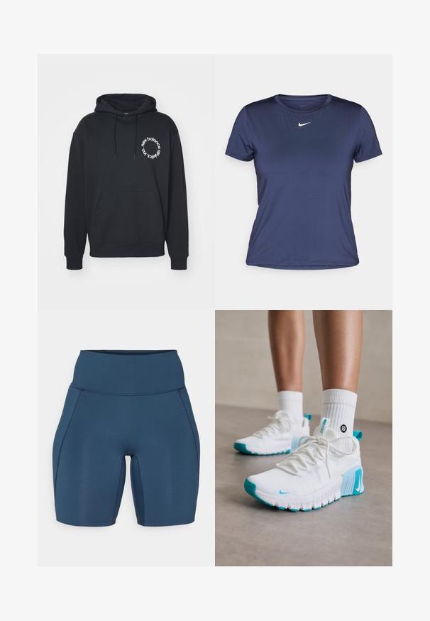 Crna trenerka s prednjim kengur džepom, kapuljačom na vezanje i bijelim kružnim logotipom s tekstom "new balance" i "athletics inc."; Tamno plavi kratki rukav sportski majica od glatkog, laganog materijala, s malim bijelim Nike logom na prsima.; Tamno plave kratke hlače za vježbanje s visokim strukom, glatkom teksturom i ravnim šavovima. Imaju prilagođen dizajn koji seže do sredine bedara.; Bijele atletske cipele s tirkiznim naglasima, teksturirana gornja površina, fleksibilna potplat i vezice. Nosi se s bijelim čarapama do gležnja.