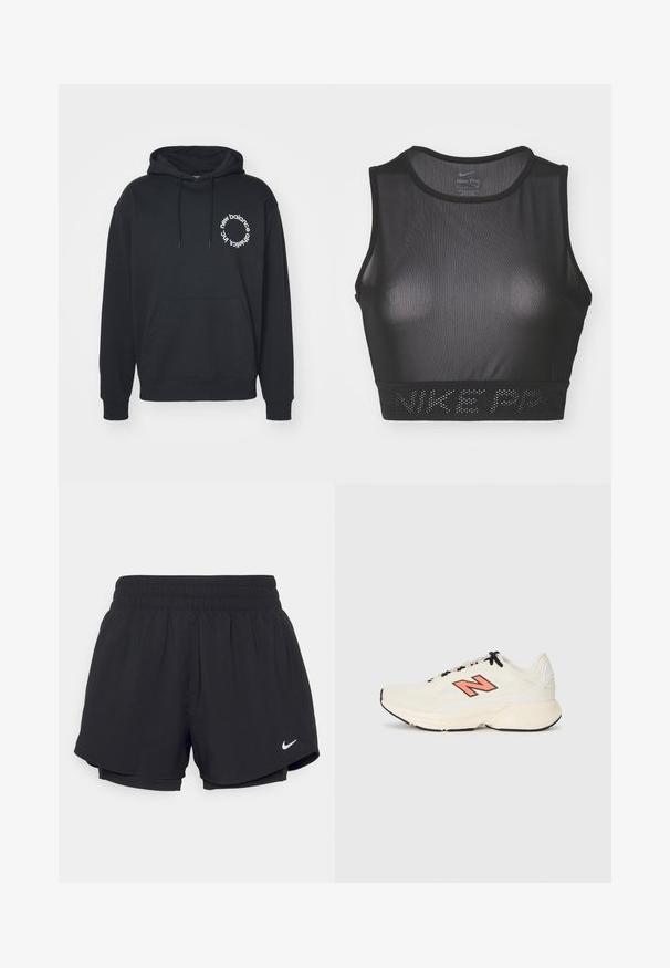 Black hoodie with a front kangaroo pocket, drawstring hood, and white circular logo featuring the text "new balance" and "athletics inc."; Black Nike Pro sports bra with a mesh design, round neckline, and wide band featuring embossed "NIKE PRO" text at the base.; Black athletic shorts with a gathered elastic waistband, inner lining, and white Nike logo on the lower left side. Smooth, lightweight fabric.; Cream-colored athletic sneaker with black laces, thick sole, and orange "N" logo on side, shown from left profile on white background.