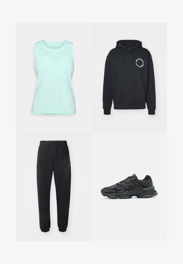 Juodas hoodis su priekiniais kengūriniais kišenėmis, su raišteliu reguliuojama kapuce ir baltu apskritimu, kuriame yra tekstas "new balance" ir "athletics inc.".; Šviesiai mėtų žalios spalvos be rankovių sportinis marškinėlis, pagamintas iš lygaus, kvėpuojančio audinio. Sukurtas su apvalia iškirpte ir subtiliu logotipu viršutinėje kairėje pusėje.; Juodi sportiniai kelniai, pagaminti iš minkštos medžiagos, su elastinga juosmena, raišteliu ir siaurėjantys ties apačia, su subtiliu logotipu šone.; Juodas bėgimo batelis, pagamintas iš tinklinės ir sintetinės medžiagos, turintis stambų pado dizainą, kreivą formą ir ryškią prekės ženklą šone.