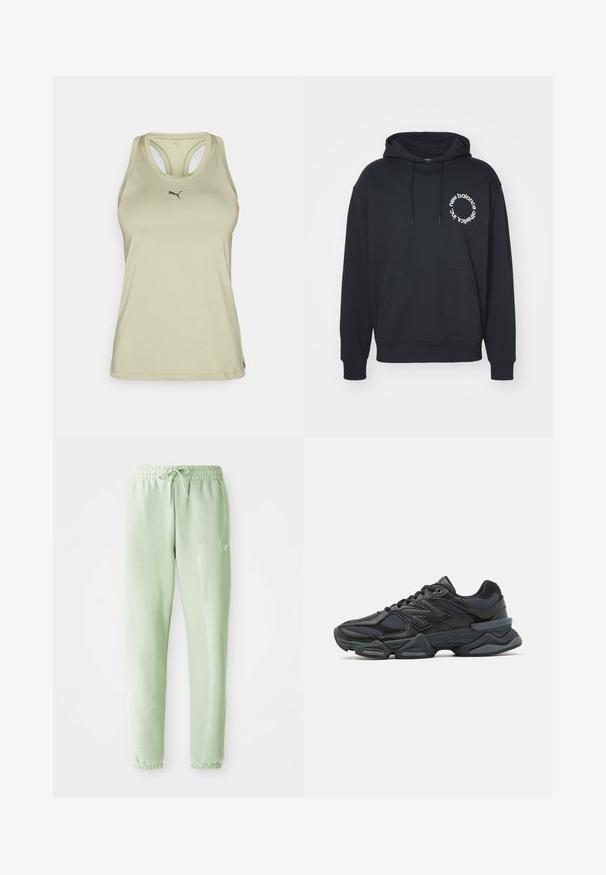 Musta huppari, jossa on etu kangaroo-tasku, nyörihuppu ja valkoinen ympyrälogo, jossa on tekstit "new balance" ja "athletics inc."; Vaaleanvihreä urheilullinen hihaton paita, jossa on urheilullinen selkädesign, hienovarainen logo rintamuksessa ja sileä, joustava kangas.; Vaaleanvihreät joustoverkkahousut, jotka on valmistettu pehmeästä puuvillasta. Niissä on joustava vyötärönyöri ja kapenevat lahkeet, jotka on viimeistelty kootuilla hihoilla.; Musta juoksukenkä, jossa on yhdistelmä verkko- ja synteettisiä materiaaleja, paksu pohja, kaareva muotoilu ja näkyvä brändäys sivussa.