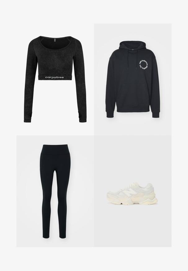 Musta huppari, jossa on etu kangaroo-tasku, nyörihuppu ja valkoinen ympyrälogo, jossa on tekstit "new balance" ja "athletics inc."; Musta pitkähihaisuus crop-top pehmeästä materiaalista. Ominaisuudet pyöreä pääntie ja hyvin pitkähihaiset korostukset hihoissa. Logo näkyvissä helman kohdalla.; Musta legginssit, jotka on valmistettu joustavasta materiaalista ja joissa on korkea vyötärö. Suorapintainen rakenne, napakka muotoilu, eikä näkyviä koristeita tai kuvioita.; Kevyt lenkkari, jossa on verkko- ja mokkanahkapinta pehmeissä kerman sävyissä, chunky-pohja ja kolmiulotteiset yksityiskohdat.