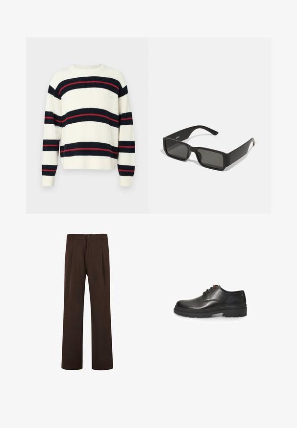 Pulover rayat în crem, cu dungi orizontale în nuanțe de navy și roșu. Fabricat dintr-un material tricotat gros, cu mâneci lungi și guler rotund.; Pantaloni maro cu un design drept, dotati cu închidere cu nasture și plii, fabricați dintr-un material neted. Fără buzunare vizibile sau modele.; Bata Pantofi cu șiret - Black; Ochelari de soare negri cu lentile dreptunghiulare, cadru din plastic mat și margini drepte. Prezintă logo-ul mărcii pe brațul interior.