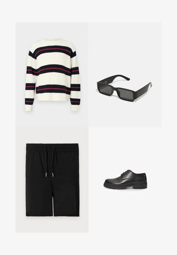 Raido neulepaita kermanvärisenä, jossa on tummansinisiä ja punaisia vaakaraitoja. Valmistettu paksusta neulomateriaalista, pitkillä hihoilla ja pyöreällä kaula-aukolla.; Mustat shortsit, jotka on valmistettu pehmeästä kankaasta, jossa on joustava vyötärö, jossa on naru, sekä sileä pinta. Ei taskuja tai muita koristeluita.; Bata Nauhakengät - Black; Musta aurinkolasit suorakulmaisine linsseineen, matasta muovista valmistettu kehys ja suorat reunat. Sisähaara on varustettu merkkilogolla.