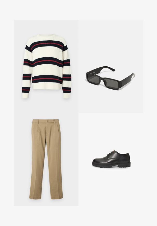 Stribet sweater i creme, med marineblå og røde vandrette striber. Lavet af tykkere strikket materiale, med langeærmer og rund hals.; Brune bukser lavet af glat stof, med to frontfolder, en knaplukning og lige ben med en ren kant.; Bata Snøresko - Black; Sorte solbriller med rektangulære linser, mat plastikramme og lige kanter. Har brandlogo på den indvendige arm.