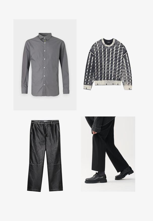 Strikket sweater i marineblå og creme med et tekstureret mønster, der har rund hals, ribbede manchetter og kant. Distinktive prikformede designelementer.; Grå langærmet skjorte lavet af en bomuldsblanding, med en klassisk krave, knaplukning foran og skinnende hvide knapper langs knaplisten.; Sorte faux læderbukser med bred ben, der har syninger og forlommer, med en glat, let reflekterende tekstur.; Sorte lædersko med rund tå, snørebåndsdesign og tyk, tekstureret sål. Båret sammen med skræddersyede sorte bukser og en ribbet sweater.