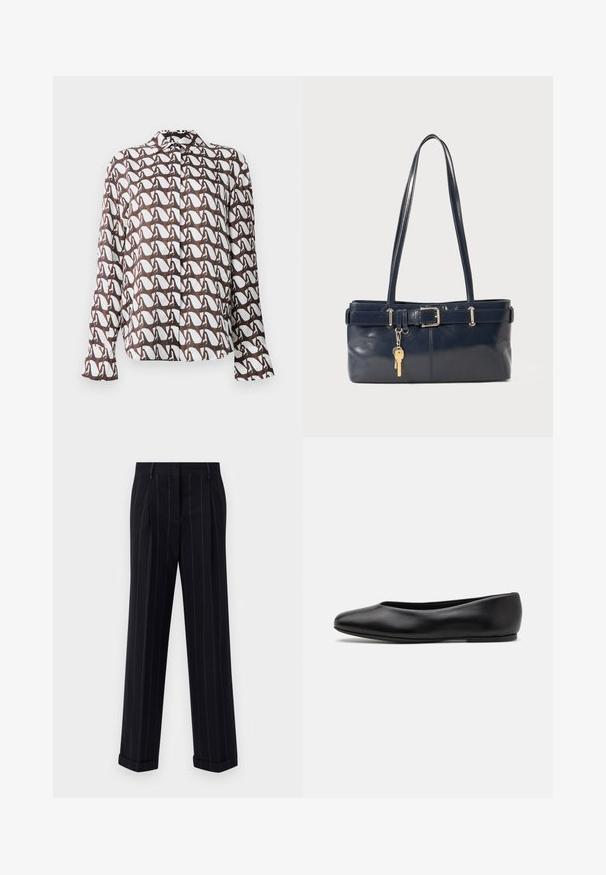 Lichtgrijze kabelgebreide trui, met een hoge col, lange mouwen en een geribbelde zoom. Zacht, gestructureerd materiaal met een gezellige uitstraling.; Wit blouse met lange mouwen en een bruine abstracte print. Voorzien van een kraag en knoopsluiting. Glad materiaal met een ontspannen pasvorm.; Zwarte broek met streepjes in een getailleerde pasvorm, voorzien van een omgeslagen zoom en voorplooien. Gemaakt van een gladde stof met een gestructureerd ontwerp.; Paul Smith TOPANGA - Ballerina's - black; Marine leren handtas met twee lange hengsels, een gespdetail en een sleutelhanger eraan bevestigd. Heeft een gladde textuur en een rechthoekige vorm.