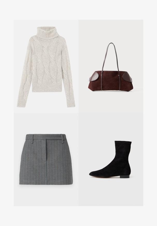 Jasnoszary sweter w warkoczowy wzór, z wysokim kołnierzem, długimi rękawami i ściągaczem na dole. Miękka, teksturowana tkanina o przytulnym wyglądzie.; Szara spódnica w prążki, dopasowany krój, z jasnoniebieskimi paskami, pętlami na pasek i z przodu z zakładką. Wykonana z teksturowanej tkaniny. Krótka długość.; Czarne zamszowe botki za kostkę z dopasowaną cholewką, spiczastym noskiem i niskim blokowym obcasem. Gładka faktura i minimalistyczny design, odpowiednie do wszechstronnych stylizacji.; Brązowa torba z zamszu z skórzanymi akcentami, o ustrukturalizowanym kształcie, z podwójnymi ramiączkami i zaokrąglonymi krawędziami, charakteryzująca się gładką fakturą i minimalną ilością elementów metalowych.