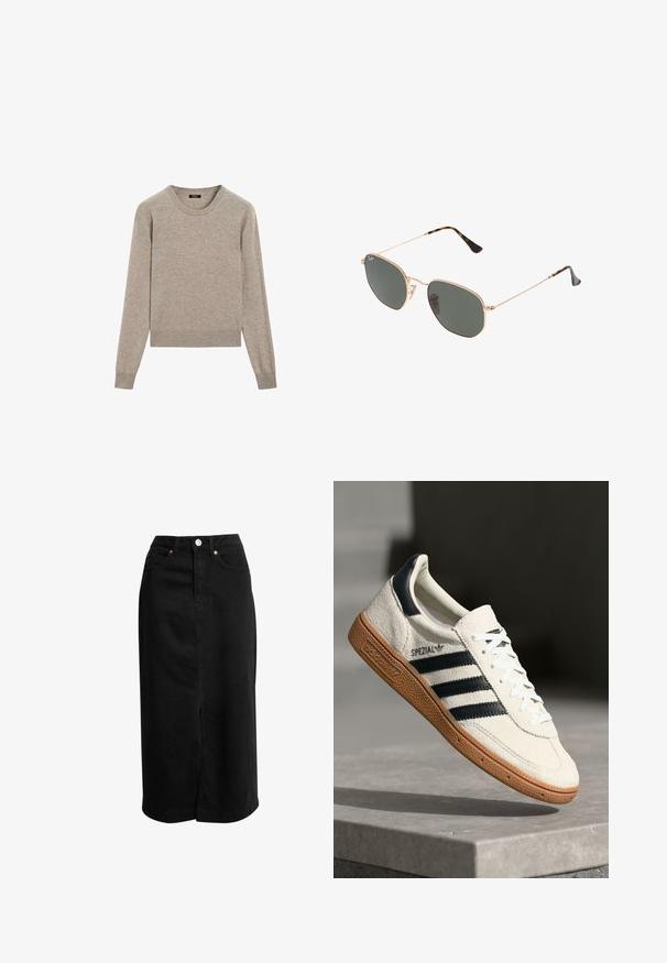 Lichtbeige ronde hals trui gemaakt van zacht breiwerk. Heeft lange mouwen en geribbelde manchetten, met een relaxte pasvorm en minimalistisch ontwerp.; Zwarte denim midi-jurk met een rechte snit, een voorrok en een knoopsluiting aan de voorkant. Beschikt over twee zijzakken en minimale stiksels.; Witte suède sneakers met marineblauwe strepen, rubberen gumzool, gestructureerde bovenkant, ronde neus en veters; heeft branding aan de zijkant en op de tong.; Gouden metalen zonnebril met donkergroene lenzen, aviator-stijl, met slanke scharnieren en schildpad-accenten op de uiteinden.