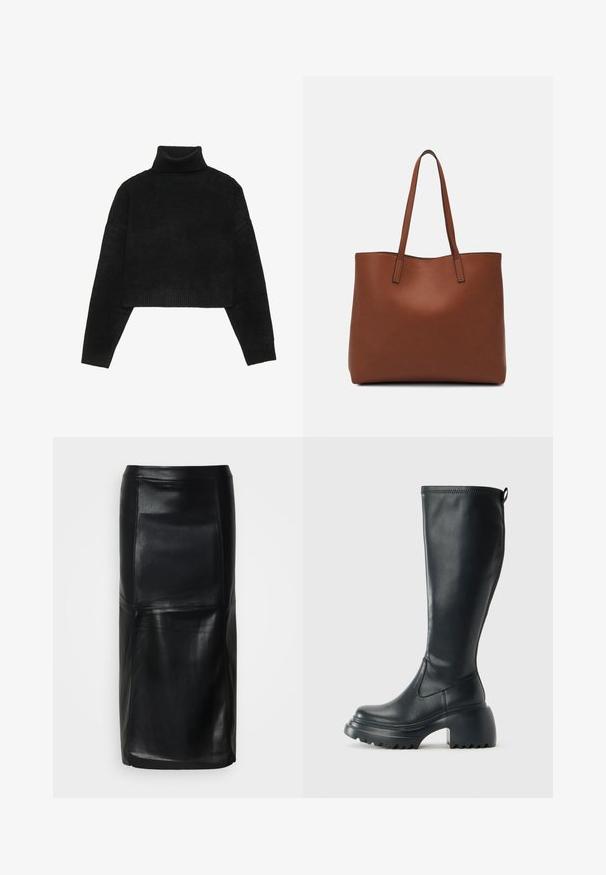 Svart kortärmad tröja med ribbade ståkrage och muddar, med en slät yta och avslappnad passform. Enkel, minimalistisk design.; Svart midikjol i konstläder med panelssömmar och rak skärning mot vit bakgrund.; Höga svarta läderstövlar med kraftig plattformssula och blockklack, med dragflik och strukturerat mönster på yttersulan.; Brun läder tote-väska med en slät textur, öppen toppdesign och två axelremmar. Har minimal söm och ingen synlig metalldetalj.