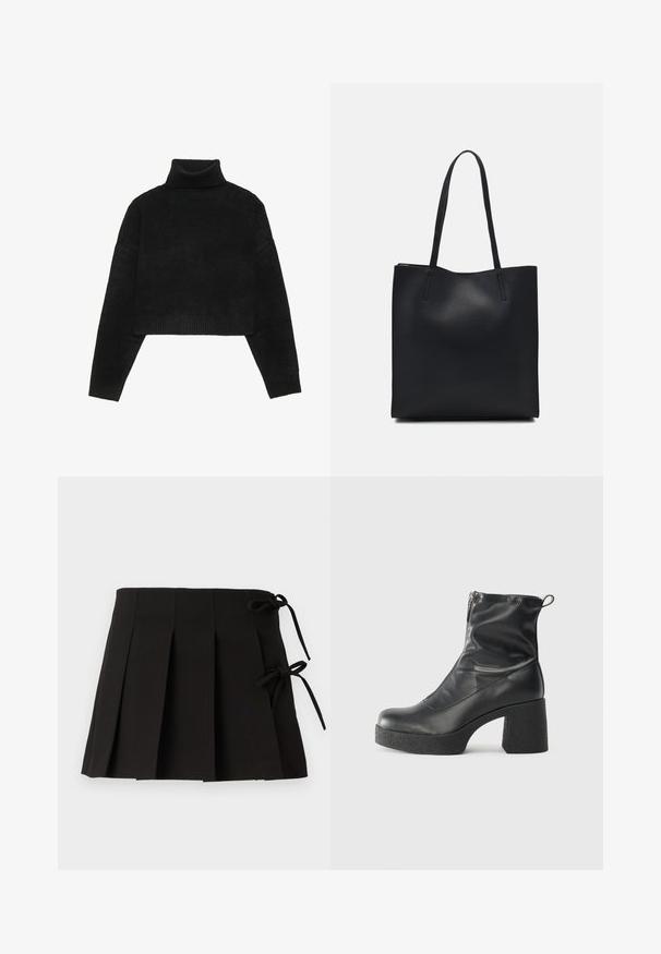 Melnās cropped džemperis ar ribotu augstu apkakli un aprocēm, ar gludu tekstūru un brīvu piegriezumu. Vienkāršs, minimālistisks dizains.; Melna plisētā svārki ar sānu saitēm, izgatavoti no gludas tekstūras auduma; tiem ir strukturēts dizains un tīras līnijas.; Melni potītes zābaki, kas izgatavoti no gludas ādas, ar sānu rāvējslēdzēju, masīvu strukturētu papēdi un noapaļotu purngalu.; Melnas ādas somiņa ar gludu tekstūru, taisnstūra formu un divām garām rokturiem. Nav redzamu aparatūras vai rotājumu.