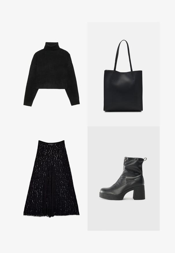 Melnās cropped džemperis ar ribotu augstu apkakli un aprocēm, ar gludu tekstūru un brīvu piegriezumu. Vienkāršs, minimālistisks dizains.; Melna mežģīņu svārki ar izplestu siluetu, ar teksturētu rakstu un gludu jostasvietu, līdz ceļgaliem un ar oderi iekšpusē.; Melni potītes zābaki, kas izgatavoti no gludas ādas, ar sānu rāvējslēdzēju, masīvu strukturētu papēdi un noapaļotu purngalu.; Melnas ādas somiņa ar gludu tekstūru, taisnstūra formu un divām garām rokturiem. Nav redzamu aparatūras vai rotājumu.