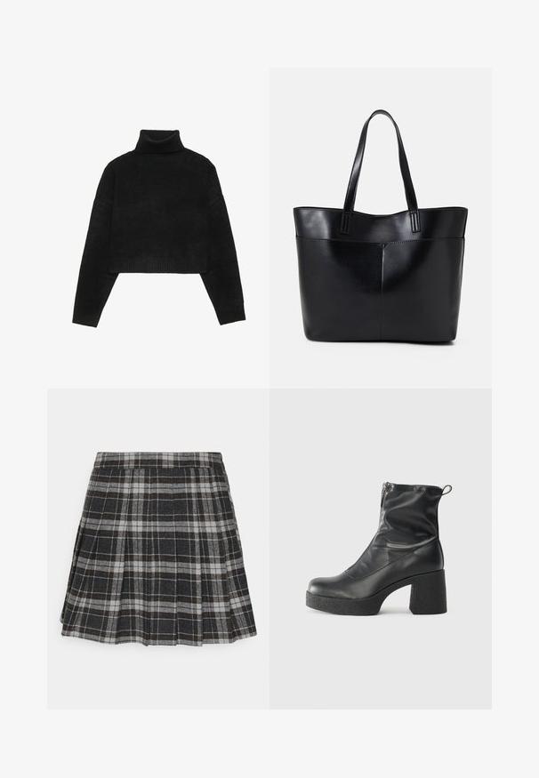 Svart cropped genser med ribbestrikket høy hals og mansjetter, med en jevn tekstur og avslappet passform. Enkel, minimalistisk design.; ONLY ONLCHELSEA CHECK SKIRT - Plisséskjørt - black/white; Svarte ankelstøvler laget av glatt lær, med glidelås på siden, chunky strukturert hæl, og rund tå-design.; Svart lær toteveske med to lange håndtak, en glatt tekstur og en strukturert form. Har en frontlomme for ekstra oppbevaring.