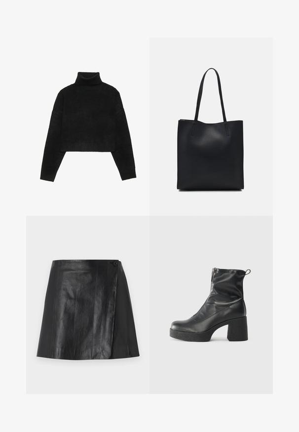 Sweater preto cropped com um gola alta canelada e punhos, apresentando uma textura suave e um corte descontraído. Design simples e minimalista.; Saia mini em faux couro preto, com detalhe em frente envolvente fixado por um botão no lado direito, textura suave e leve brilho.; Botas de tornozelo pretas feitas de couro liso, com fecho lateral, salto grosso texturizado e design de bico arredondado.; Bolsa tote preta em couro com textura lisa, forma retangular e duas alças longas. Sem hardware ou enfeites visíveis.