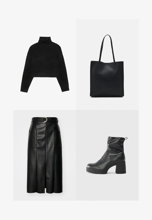 Fekete, rövidített pulóver ribbelt nyakkal és mandzsettákkal, sima textúrával és laza szabással. Egyszerű, minimalista dizájn.; Fekete műbőr midi szoknya elől hasítékkal, texturált felülettel és széles övvel, amelyen kör alakú fém csat található.; Fekete bokacsizmák sima bőrből, oldalsó cipzárral, vastag, texturált sarkú és lekerekített orrú dizájnnal.; Fekete bőrtáska sima felszínnel, téglalap alakú, két hosszú füllel. Nincs látható fémkiegészítő vagy díszítés.