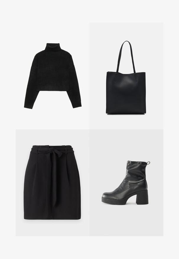 Čierny skrátený sveter s rebrovaným rolákom a manžetami, s hladkou textúrou a voľným strihom. Jednoduchý, minimalistický dizajn.; Čierna sukňa s viazaním na páse, s prispôsobeným strihom a skladmi. Vyrobená z hladkej tkaniny s čistým okrajom.; Čierne členkové topánky z hladkej kože, so bočným zipsom, robustnou textúrovanou pätnou časťou a zaobleným dizajnom špičky.; Čierna kožená taška na rameno s hladkým povrchom, obdĺžnikovým tvarom a dvoma dlhými uchami. Bez viditeľného kovania alebo ozdôb.
