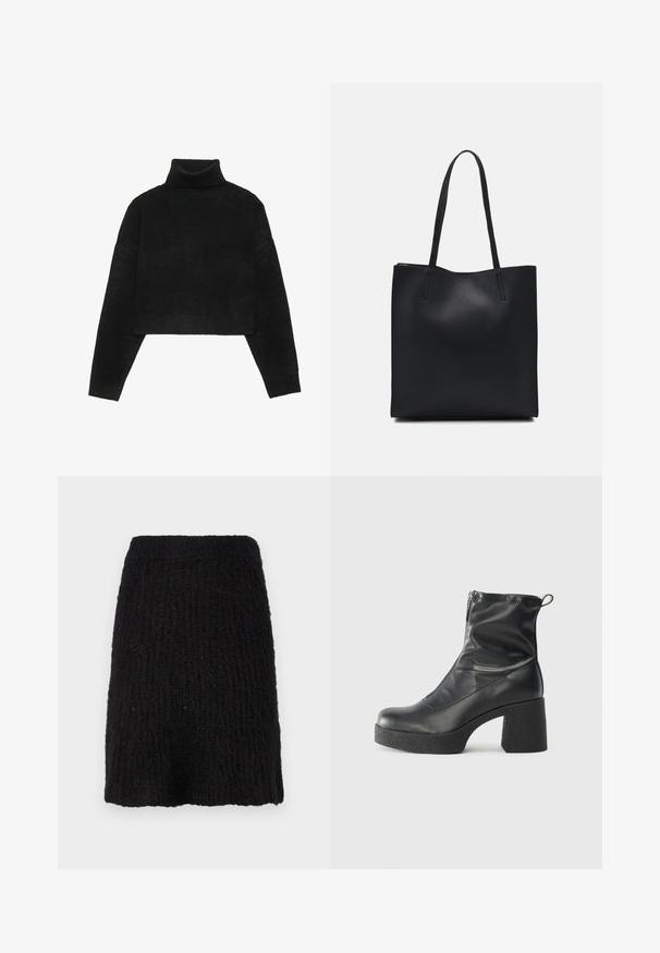 Svart cropped genser med ribbestrikket høy hals og mansjetter, med en jevn tekstur og avslappet passform. Enkel, minimalistisk design.; Svart strikket skjørt med en teksturert mønster, midtlengde, og bredt liv. Materialet virker mykt med en litt lodden overflate.; Svarte ankelstøvler laget av glatt lær, med glidelås på siden, chunky strukturert hæl, og rund tå-design.; Svart lær tote bag med glatt tekstur, rektangulær form og to lange håndtak. Ingen synlige deler eller dekorasjoner.
