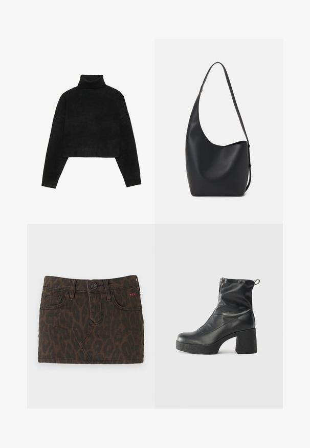 Melnās cropped džemperis ar ribotu augstu apkakli un aprocēm, ar gludu tekstūru un brīvu piegriezumu. Vienkāršs, minimālistisks dizains.; Tumšbrūnas džinsus svārki ar leoparda rakstu, kuriem ir pogu aizdare, jostas cilpas un priekšējās kabatas. Sarkana logo akcenta detaļa.; Melni potītes zābaki, kas izgatavoti no gludas ādas, ar sānu rāvējslēdzēju, masīvu strukturētu papēdi un noapaļotu purngalu.; Melnas ādas hobo soma ar gludu tekstūru, izliekta forma un vienu regulējamu jostu; augšā ir plaša atvere.