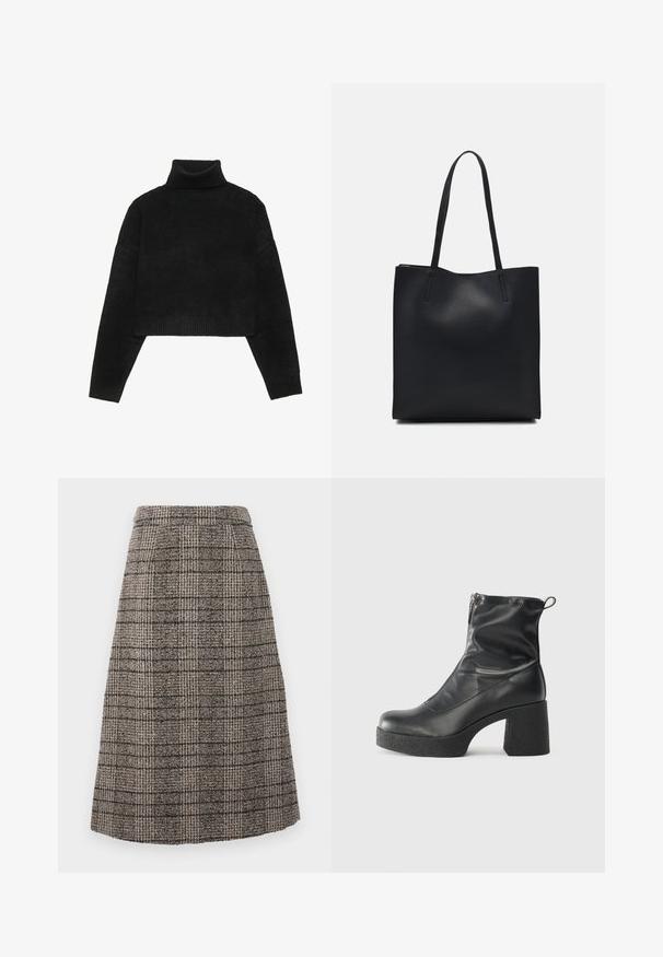 Pulover scurt negru cu guler înalt cu țesătură rib și manșete, având o textură netedă și o croială lejeră. Design simplu, minimalistic.; Fustă tip creion dintr-un amestec de lână, cu un model în carouri maro și gri, design structurat și acabament curat la tiv.; Bocanci negri de glezna din piele netedă, cu fermoar lateral, toc texturat și masiv, și design cu vârf rotund.; Geantă tote neagră din piele, cu textură netedă, formă rectangulară și două mânere lungi. Fără hardware vizibil sau ornamente.