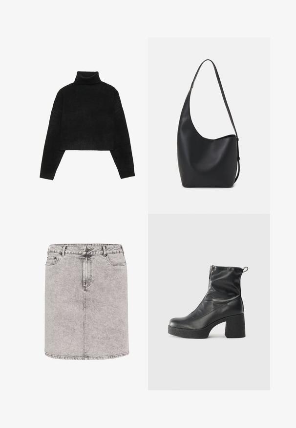 Maglione nero corto con colletto a coste e polsini, caratterizzato da una texture liscia e una vestibilità rilassata. Design semplice e minimalista.; Gonna in denim grigio chiaro, con forma a matita, tasche frontali e dettagli di cucitura visibili. Il materiale presenta una finitura leggermente testurizzata.; Stivali neri alla caviglia in pelle liscia, con zip laterale, tacco spesso e texture, e punta arrotondata.; Borsa hobo nera in pelle con una superficie liscia, forma curvata e una singola tracolla regolabile; presenta un'ampia apertura nella parte superiore.