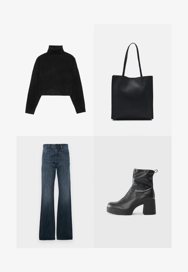 Sweater preto cropped com um gola alta canelada e punhos, apresentando uma textura suave e um corte descontraído. Design simples e minimalista.; Jenas de ganga de corte largo em azul escuro, com um design clássico de cinco bolsos e um desvanecimento subtil. Fecho com botão e zipper na cintura, detalhes de costura reforçada.; Botas de tornozelo pretas feitas de couro liso, com fecho lateral, salto grosso texturizado e design de bico arredondado.; Bolsa tote preta em couro com textura lisa, forma retangular e duas alças longas. Sem hardware ou enfeites visíveis.