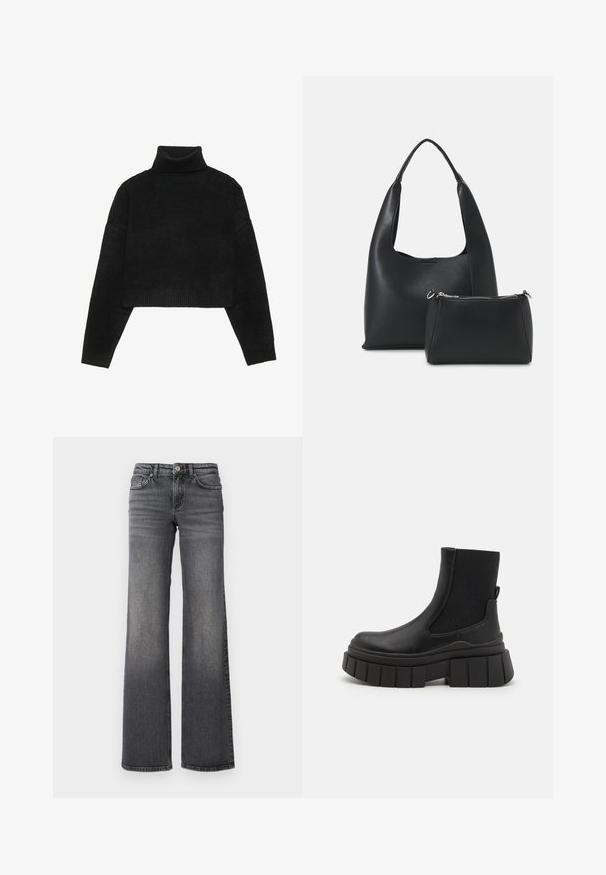 Sweater preto cropped com um gola alta canelada e punhos, apresentando uma textura suave e um corte descontraído. Design simples e minimalista.; Jeans de ganga escuros com pernas retas, com leve desgaste nas coxas e design padrão de cinco bolsos, contra um fundo branco.; Botas pretas até ao tornozelo, feitas de couro liso, com painéis laterais elásticos, uma sola de plataforma robusta e um design de piso texturizado.; Even&Odd Mala de mão - black