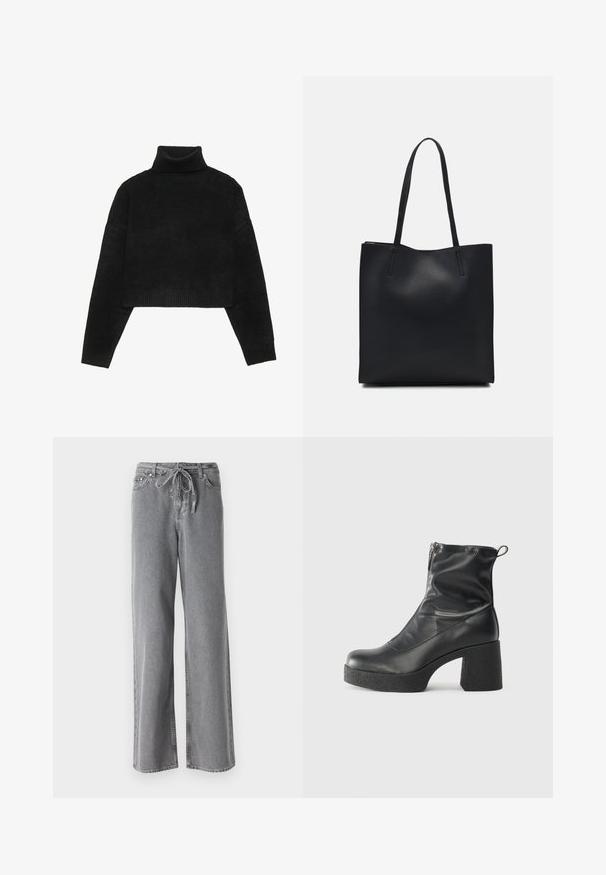 Melnās cropped džemperis ar ribotu augstu apkakli un aprocēm, ar gludu tekstūru un brīvu piegriezumu. Vienkāršs, minimālistisks dizains.; Pelēki platās kājas džinsi, izgatavoti no denima, ar aukliņu jostu un divām priekšējām kabatām. Auduma tekstūra ir mīksta, ar nedaudz nolietotu apdari.; Melni potītes zābaki, kas izgatavoti no gludas ādas, ar sānu rāvējslēdzēju, masīvu strukturētu papēdi un noapaļotu purngalu.; Melnas ādas somiņa ar gludu tekstūru, taisnstūra formu un divām garām rokturiem. Nav redzamu aparatūras vai rotājumu.