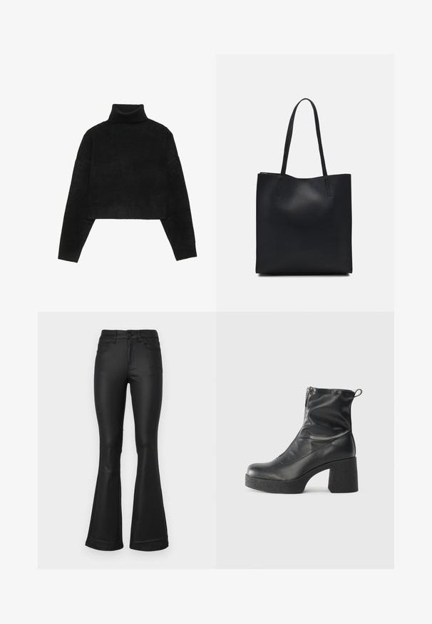 Suéter negro corto con cuello alto acanalado y puños, que presenta una textura suave y un corte relajado. Diseño simple y minimalista.; Pantalones vaqueros negros acampanados fabricados con una tela suave. Cuentan con cinco bolsillos, una cintura ajustada y una abertura de pierna amplia en el dobladillo.; Botines negros de tobillo, hechos de cuero suave, con cierre lateral, tacón grueso texturizado y diseño de punta redondeada.; Bolso tote de cuero negro con textura lisa, forma rectangular y dos asas largas. Sin herrajes ni adornos visibles.