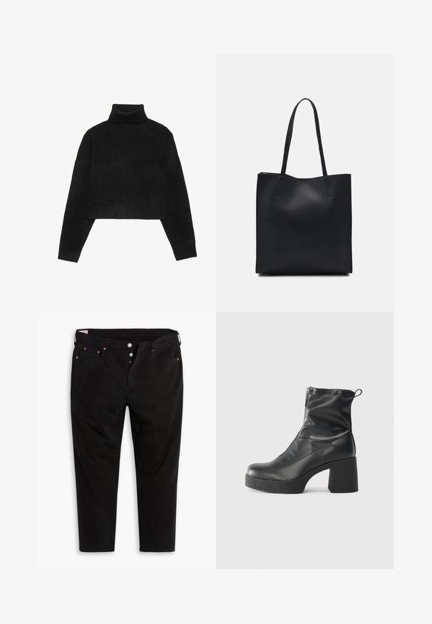 Svart cropped genser med ribbestrikket høy hals og mansjetter, med en jevn tekstur og avslappet passform. Enkel, minimalistisk design.; Svarte denimbukser med rett ben-design. Har fem lommer, metallknapplukking og oransje søm detaljer. Laget av bomull.; Svarte ankelstøvler laget av glatt lær, med glidelås på siden, chunky strukturert hæl, og rund tå-design.; Svart lær tote bag med glatt tekstur, rektangulær form og to lange håndtak. Ingen synlige deler eller dekorasjoner.