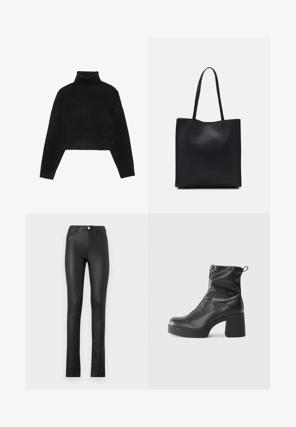 Svart cropped genser med ribbestrikket høy hals og mansjetter, med en jevn tekstur og avslappet passform. Enkel, minimalistisk design.; Svarte faux skinnbukser med smal passform, med frontknappåpning, to fremre lommer og en lett utsvingt hem nederst.; Svarte ankelstøvler laget av glatt lær, med glidelås på siden, chunky strukturert hæl, og rund tå-design.; Svart lær tote bag med glatt tekstur, rektangulær form og to lange håndtak. Ingen synlige deler eller dekorasjoner.