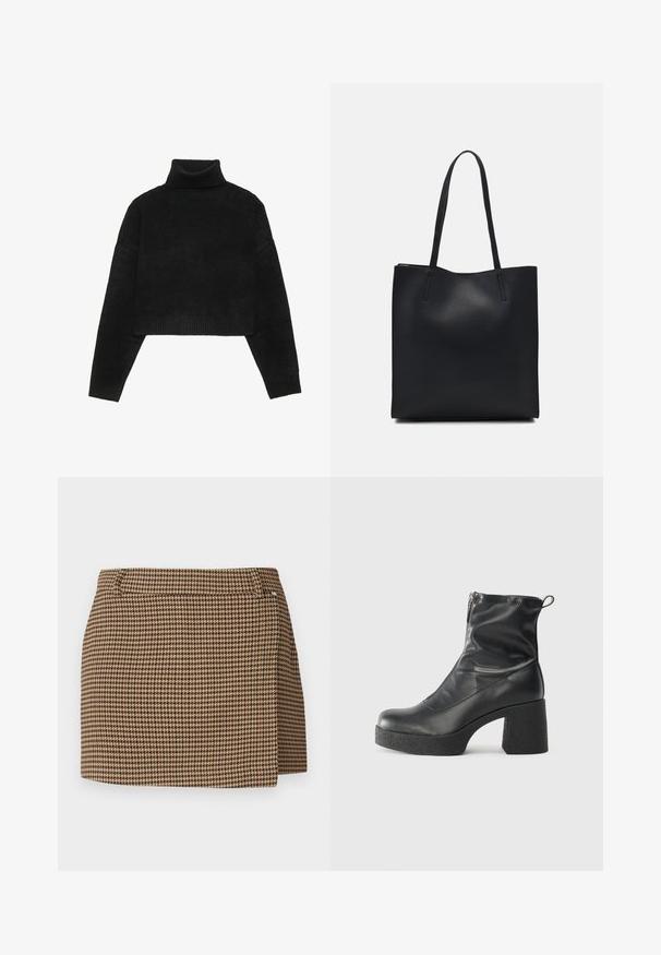 Sweater preto cropped com um gola alta canelada e punhos, apresentando uma textura suave e um corte descontraído. Design simples e minimalista.; Saia mini em padrão pied-de-poule em tons de castanho e bege, com um leve detalhe de sobreposição e passadores para cinto, sobre um fundo branco.; Botas de tornozelo pretas feitas de couro liso, com fecho lateral, salto grosso texturizado e design de bico arredondado.; Bolsa tote preta em couro com textura lisa, forma retangular e duas alças longas. Sem hardware ou enfeites visíveis.