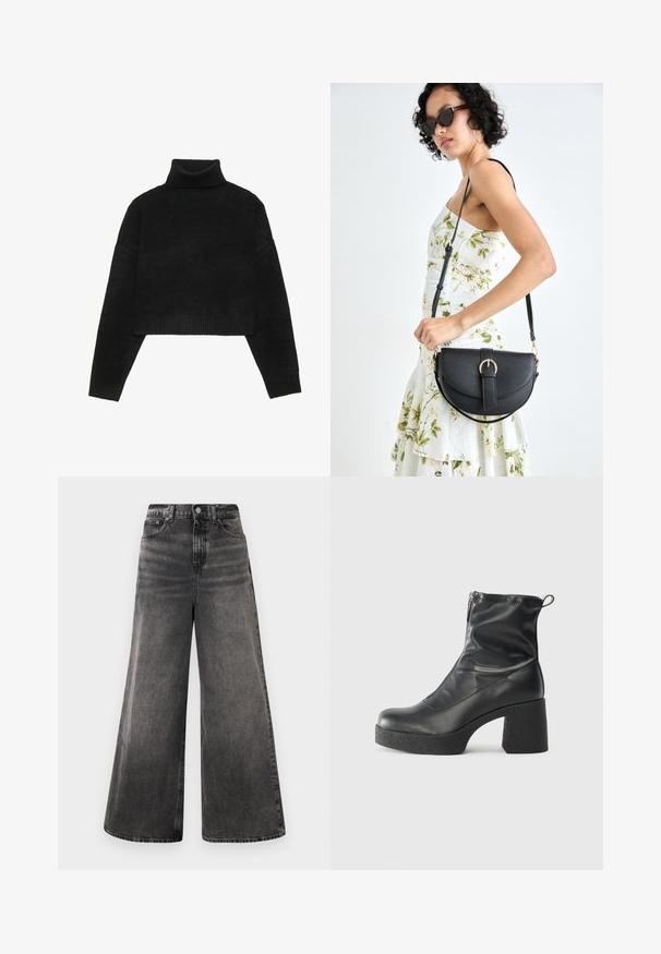 Mustad must cropitud sviiter ribatud kõrge kaelusega ja varrukatega, omades sujuvat tekstuuri ja vabalt langemist. Lihtne, minimalistik disain.; Laiad mustad denim teksad, millel on pleekinud pesu, viie-tasku disain ja nööp sulgemine vööl, lisaks õmblusaktsendid.; Mustad mustad ansapüksid, mis on valmistatud siledast nahast, külje zipperiga, paksu tekstuuriga kontsaga ja ümmarguse nina disainiga.; Mustmust mustraha kõverate joontega, eemaldatava rihmaga ja kuldsete detailidega. Kotil on klapp, millel on pandladetail.