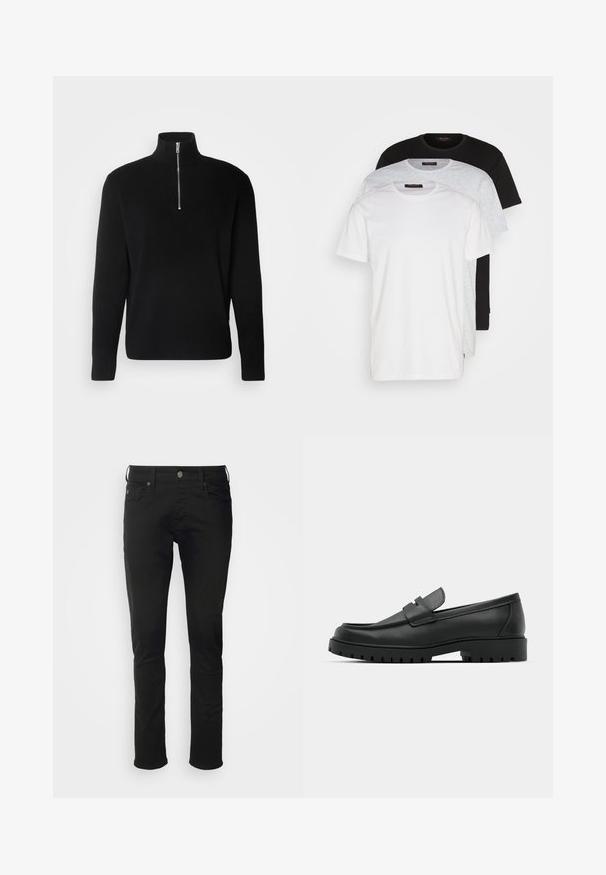 Lindbergh HALF ZIP - Strikkegenser - black; Tre crew neck t-skjorter i hvit, lys grå og svart. Laget av myk bomull, med korte ermer og en avslappet passform.; Svarte bomullsjeans med rett ben-snitt, med knappelukking foran, beltehemmere og standard lommer med en jevn tekstur.; Sorte lærloafere med rund tå, med en syddesign, lav plattformsåle og en teksturert, ruggede gummisåle.