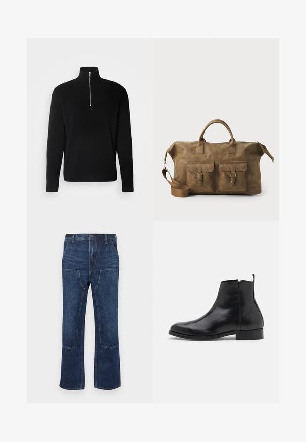 Lindbergh HALF ZIP - Pulover - black; Temno modri jeans z udobnim fitom, širokimi hlačnicami in žepi na sprednji strani. Gladka tekstura z minimalnimi detajli zik-zaka.; Zign LEATHER - Klasični gležnjarji - black; Rjav usnjen potovalni kovček z dvema sprednjima žepoma, nastavljivim ramenskim trakom, zlatim okovjem in trdnimi zgornjimi ročaji. Gladka tekstura.; Pet srebrne prstane: eden s črnim krožnim detajlom, eden z belim in črnim geometričnim vzorcem ter ostali z različnimi oblikami in finiši.