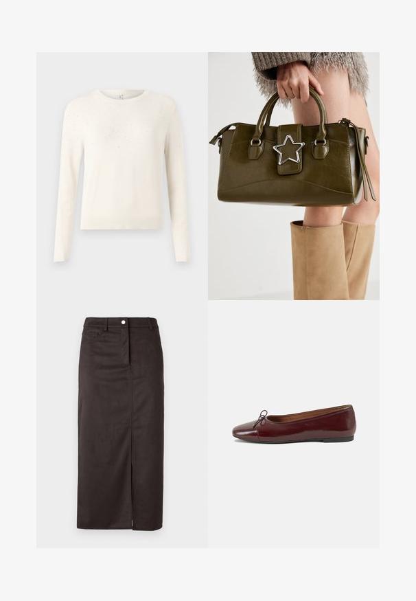 Pulover tricotat crem, cu mâneci lungi, guler rotund și un model texturat cu mici accente reflectorizante pe umeri.; Fustă maro, până la genunchi, dintr-un material neted. Prezintă o deschidere frontală, închidere cu nasturi și buzunare laterale pentru funcționalitate suplimentară.; Balerini din piele patent burgund cu vârful rotund, accent de fundiță mică în față și talpă joasă din cauciuc negru. Textură netedă.; Geantă din piele ecologică de culoare verde măslin, cu accent din stea argintie, două mânere și închidere cu fermoar. Suprafață texturată și formă structurată.