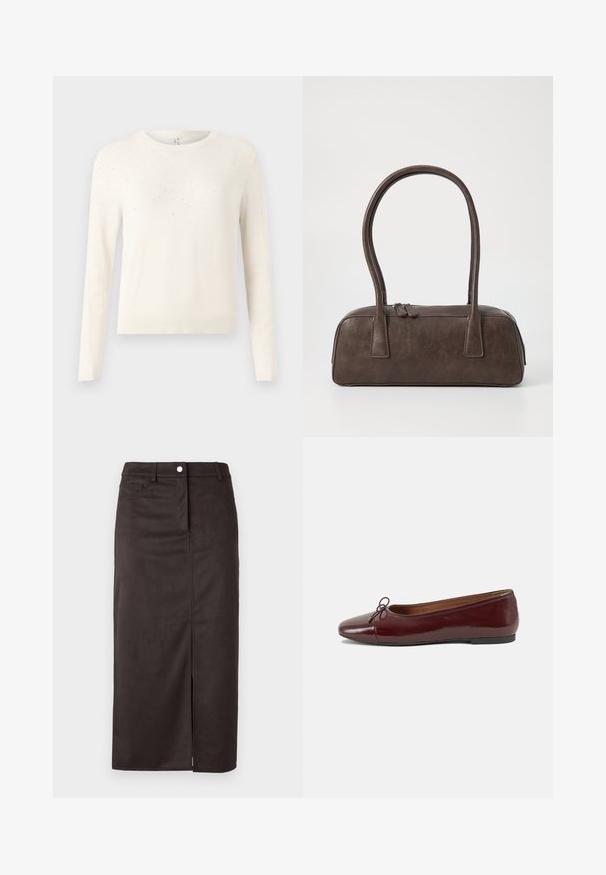 Kremna pletena jopica z dolgimi rokavi, okroglim ovratnikom in teksturno vzorcem majhnih, svetlobo odbojnih poudarkov na ramah.; Rjava krila do kolen, izdelana iz gladkega materiala. Ima sprednji razporek, gumbno zapiranje in stranske žepke za dodatno funkcionalnost.; Burgundska patenti usnjeni baletni čevlji z zaobljenim prstom, majhnim lokom na sprednji strani in nizkim črnim gumijastim podplatom. Gladka tekstura.; Rjava usnjena torbica z dvema trdnima ročkama, pravokotne oblike, gladke teksture in zadrgo. Minimalističen dizajn brez vidnih vzorcev.