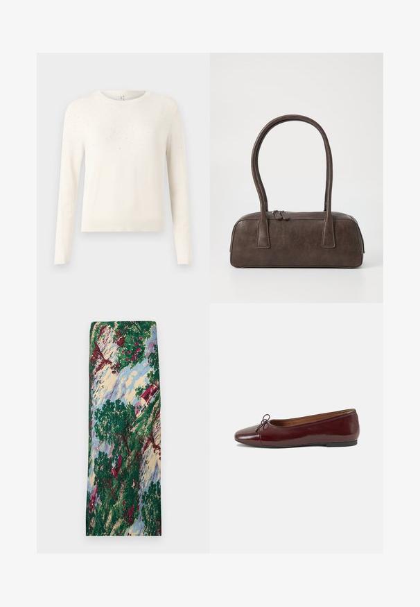 Kremiškai nertinis megztinis su ilgomis rankovėmis, apvalia iškirpte ir tekstūruotu raštu, kuriame yra mažų šviesą atspindinčių akcentų ant pečių.; Raštuota medžiaga, vaizduojanti kraštovaizdį su žaliais medžiais, raudonais gėlių žiedais, namu su raudonu stogu ir mėlynu dangumi. Lygi tekstūra.; Bordo lakiotos odos baleto bateliai su apvalia nosimi, maža kaspinėlio akcentu priekyje ir žema juoda guma padanga. Lygi tekstūra.; Ruda odinė rankinė su dviem tvirtais rankenėlėmis, stačiakampio formos, lygi tekstūra ir užtrauktuku. Minimalistinis dizainas be matomų raštų.