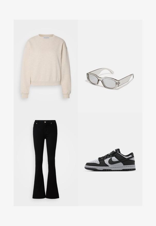 Heledbeez jakk made of pehmeast kangast, millel on ümar kaelus, langetatud õmblused õlgadel ning ribakudumisest mansetid ja allääre.; Mustad flare-jeans peenest valmistatud denimist, millel on sile tekstuur, nupuga kinni pandud, kaks eesmist taskut ja lihtne disain.; Mustad ja hallid Nike Dunk madalad tossud, millel on perforeeritud varvas, siledad nahkaktsendid ja kummist tald, millel on tekstuurne mustrimuster.; Hallid hallid läbipaistvad prillid, millel on ristkülikukujuline kuju, lapik lääts ja paksud sangad. Omab peent hingedetaili tempeltes.