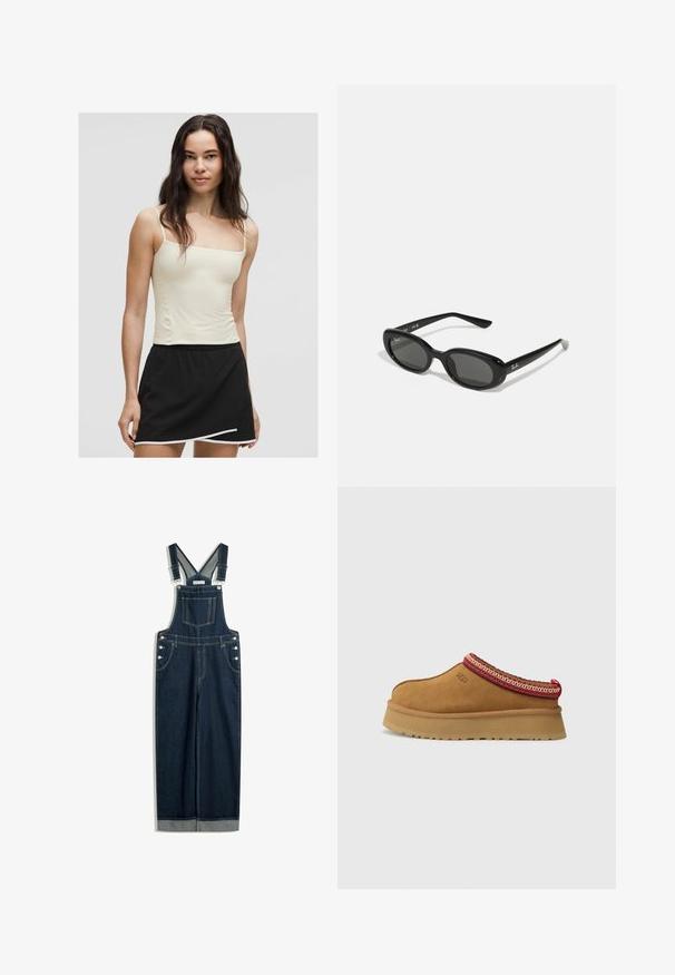 Hellblauer Strickpullover mit einem dunkelblauen und weißen Walmotiv. Weiche Textur mit einem auffälligen Strickmuster.; Hellgelbes Spaghetti-Trägershirt, kombiniert mit einem schwarzen Rock mit geschwungenem Saum und weißen Akzenten. Glatte Stoffoberfläche.; Dunkelblaue Denim-Latzhose mit verstellbaren Trägern, einer Vordertasche, seitlichen Knöpfen und einem weiten Beinprofil mit umgeschlagenem Saum.; Braune Wildleder-Slipper mit rot-creamfarbenem gemusterten Besatz, strukturiertem Absatz und UGG-Logo an der Seite. Verfügt über eine leichte Plattformhöhe.; Schwarze Sonnenbrille mit ovalen Gläsern, glänzendem Kunststoffrahmen und schlanken Bügeln. Mit Ray-Ban-Logo in Weiß an der Seite.; Roter Schal mit weißen Punkten und einem gemusterten Rand. Aus leichtem Stoff gefertigt, mit einer gebundenen Gestaltung und spitzen Enden.