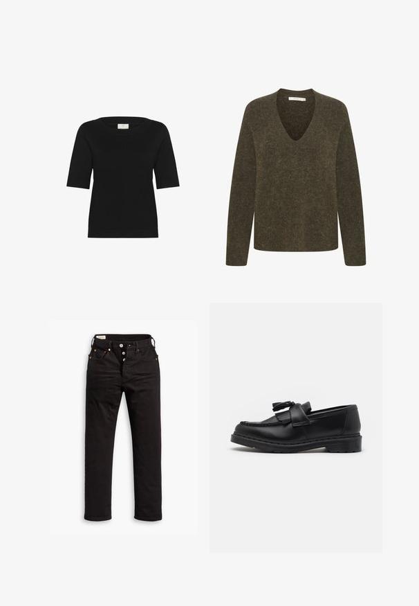 Olivengrøn, langærmet sweater med V-hals design. Blødt, struktureret stof med en let afslappet pasform og minimale syninger.; Sort kortærmet strikbluse med bred bådudskæring, ribbet struktur og lige kant. Fremstillet af blødt, åndbart stof.; Sorte lige jeans med knaplukning, front- og baglommer samt kobbernitte detaljer på en hvid baggrund.; Sort læderloafer med frynseaccent, syede detaljer langs kanten og en tyk gummisål for holdbarhed.