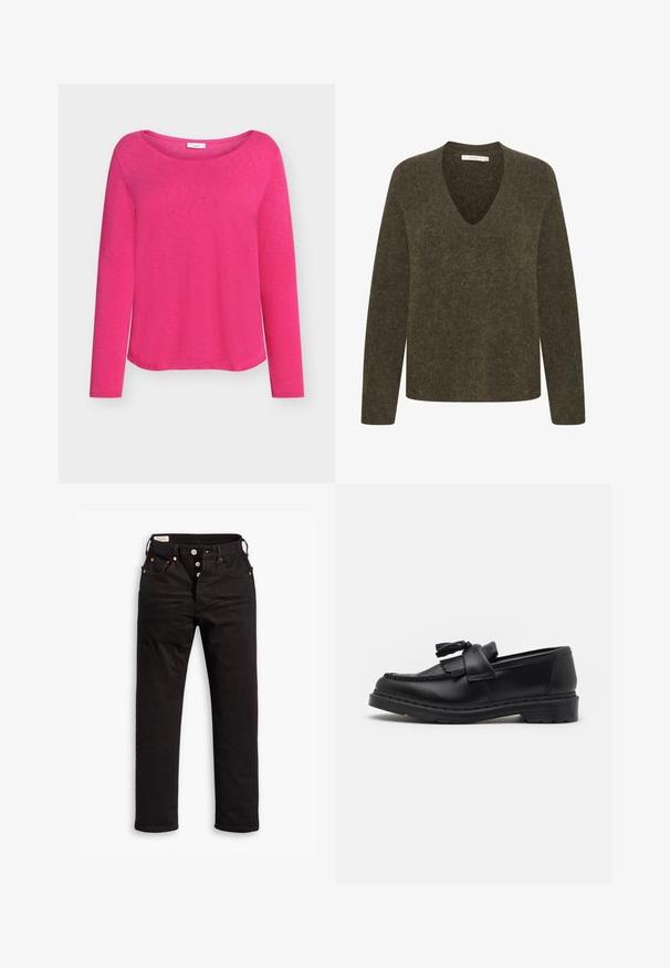 Oliwkowy sweter z długim rękawem w dekolcie w serek. Miękka, teksturowana tkanina o lekko luźnym kroju i minimalnych detalach szwów.; Różowy top z długim rękawem wykonany z miękkiego materiału, z szerokim dekoltem w łódkę i luźnym krojem, o gładkiej, lekko teksturowanej powierzchni.; Czarne dżinsy o prostych nogawkach z zapięciem na guziki, kieszeniami z przodu i z tyłu oraz miedzianymi nitami na białym tle.; Czarne skórzane mokasyny z frędzlami, przeszyciem wzdłuż krawędzi oraz grubą gumową podeszwą zapewniającą trwałość.