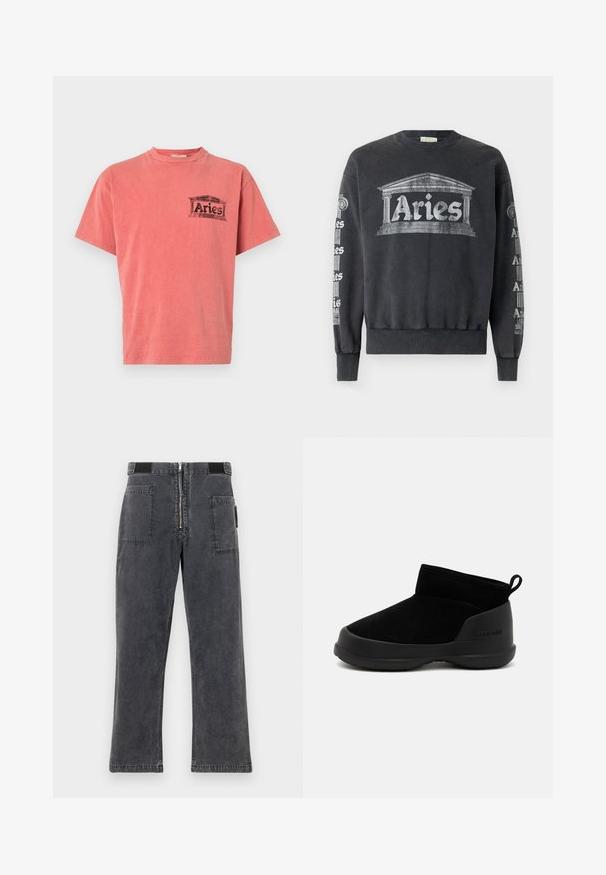 Felpa grigia con collo a giro, caratterizzata da una grande grafica "Aries" e un design architettonico sulla parte anteriore; testo ripetuto sulle maniche.; T-shirt corallo a maniche corte con scollo rotondo e stampa grafica nera che legge "Aries" sul lato sinistro del petto. Tessuto di cotone morbido, vestibilità rilassata.; Pantaloni in denim grigio scuro con design a gamba dritta, dotati di cerniera frontale, vita elastica e due ampie tasche sui lati.; Stivaletti neri alla caviglia con tomaia in suede liscio e suola in gomma, caratterizzati da un design minimalista e un'impugnatura sul retro per facilitarne l'indossamento.