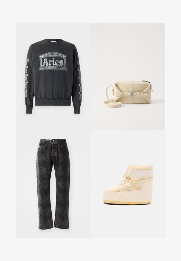 Šedá mikina s kulatým výstřihem, na přední straně s velkým grafickým motivem "Aries" a architektonickým designem; opakující se text na rukávech.; Černé džíny s texturovaným krokodýlím vzorem, rovný střih, pět kapes a kovové knoflíky a zip.; Světle béžová Moon Boot s kulatou špičkou, stahováním na šňůrku a texturovanou gumovou podrážkou. Obsahuje bílé logo a hladké syntetické materiály.; Bezešvá crossbody taška z kůže v obdélníkovém tvaru s centrálním detailem s přezkou, zipovým uzavíráním a nastavitelným popruhem.